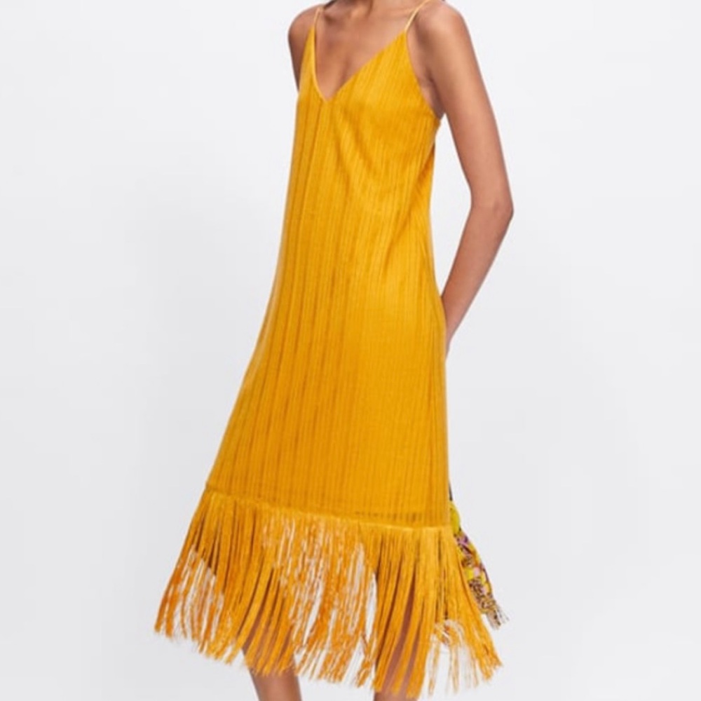Zara Marigold Yellow Fringe Hem Slip Dress